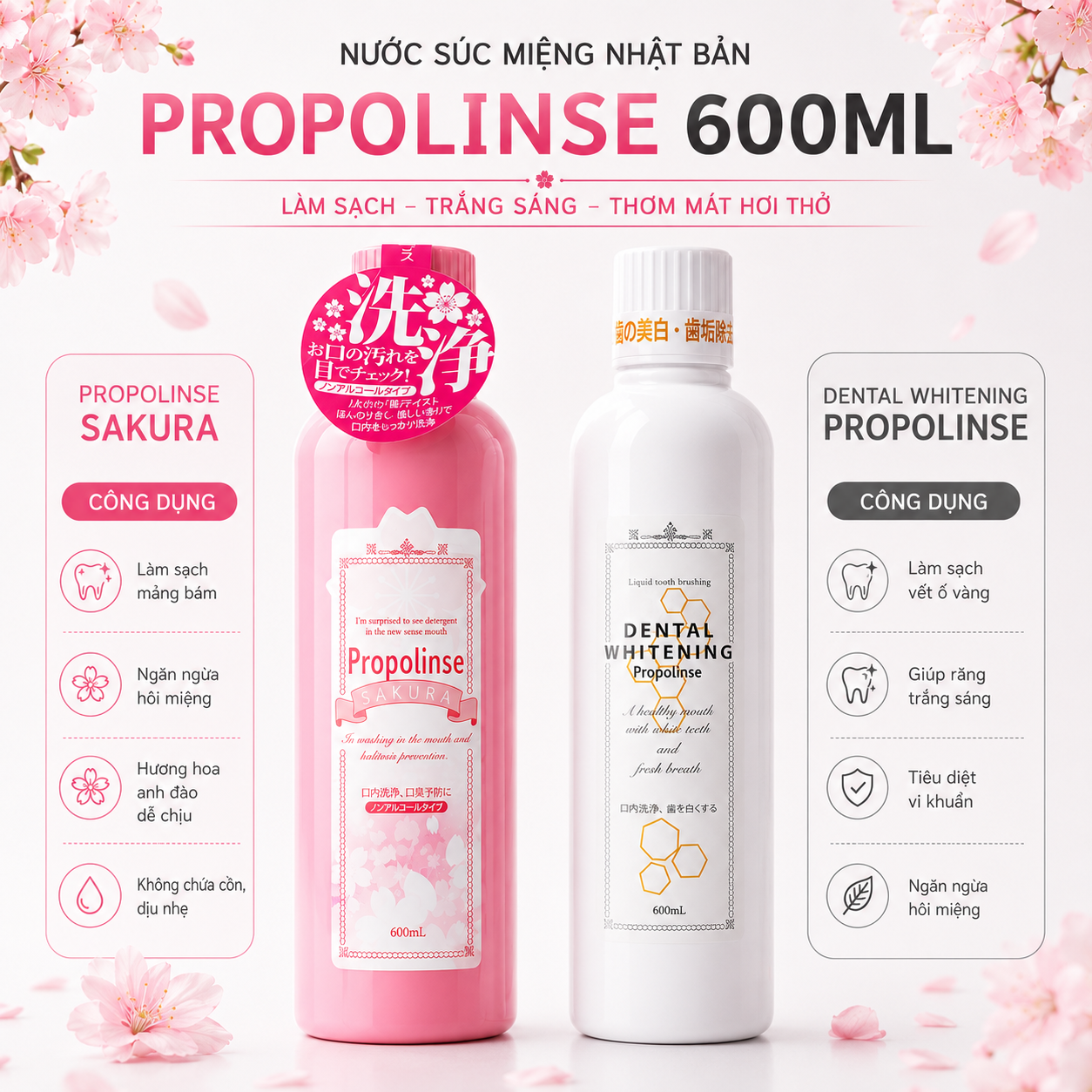 Nước súc miệng Propolinse 600ml - hương hoa anh đào