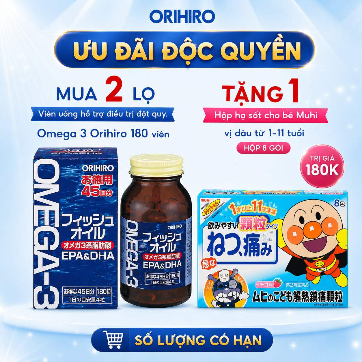 Viên uống Omega 3 Orihiro bổ sung DHA&EPA hộp 180 viên